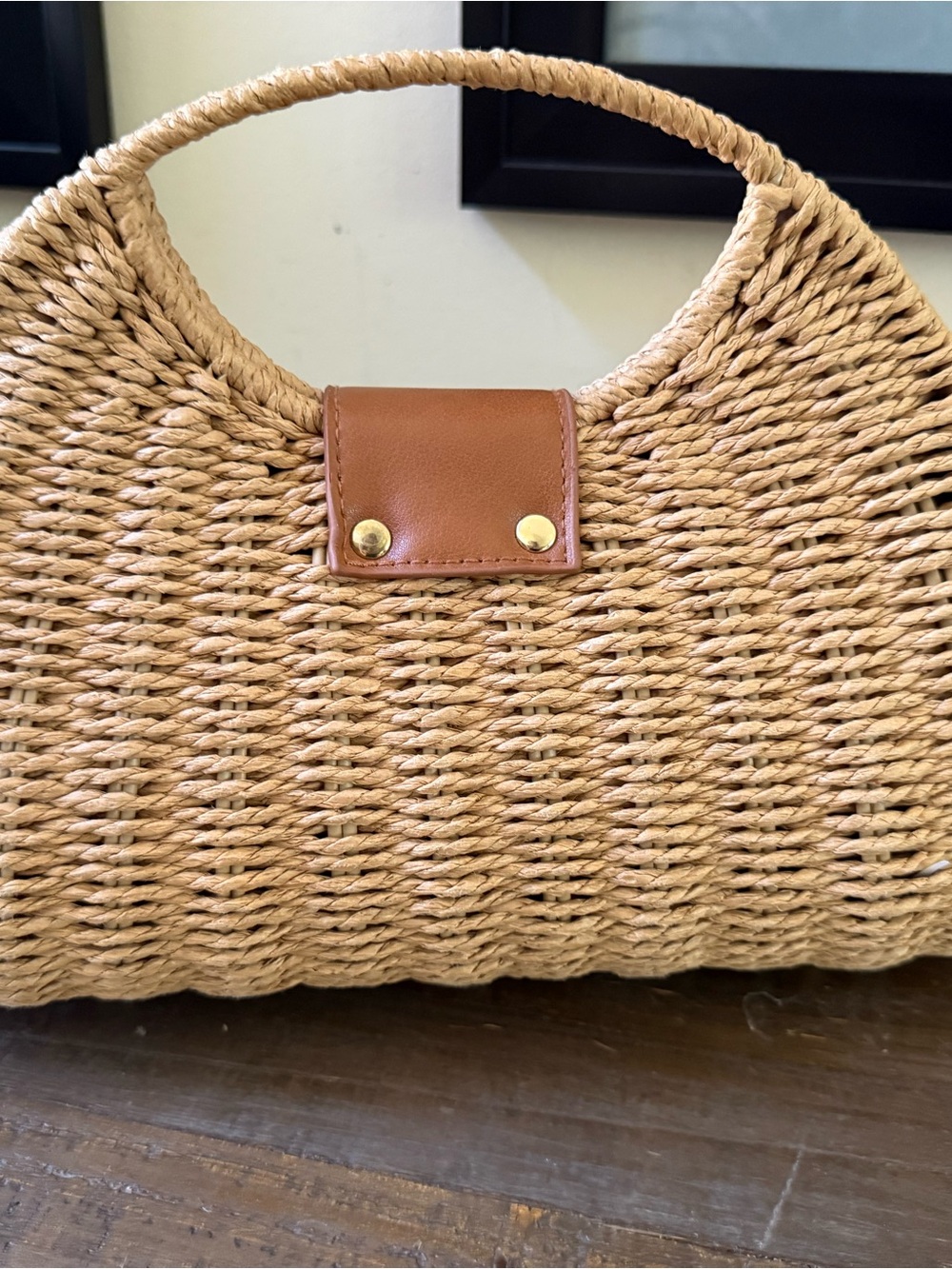 Woven Mini Straw Handbag with Tan Leather Flap - Picture 2 of 5